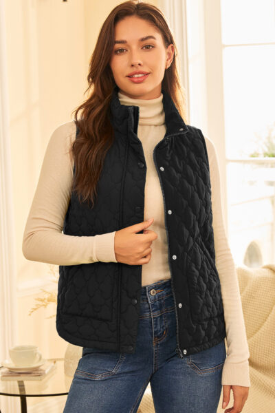 Black Flower Shape Quilted Snap Button Zip Up Winter Vest