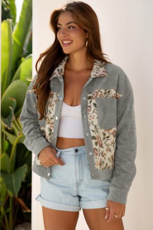 Medium Grey Ribbed Retro Floral Patchwork Shirt Style Jacket - Image 3