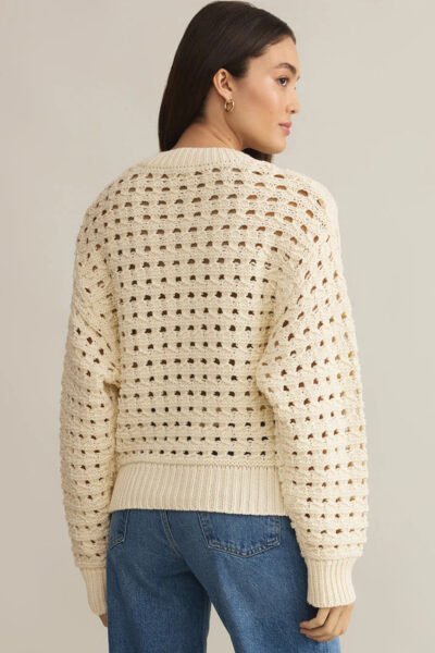 Beige Hollowed Pattern Knit Zip Up Drop Shoulder Sweater Cardigan