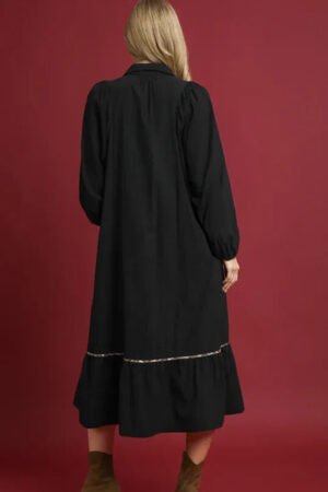 Alternative view of Black Collared V Neck Smocked Detail Contrast Leopard Trim Bracelet Sleeve Long Dress