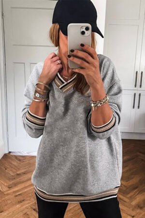 Gray Varsity Contrast Striped Trim V Neck Sweatshirt - Image 2