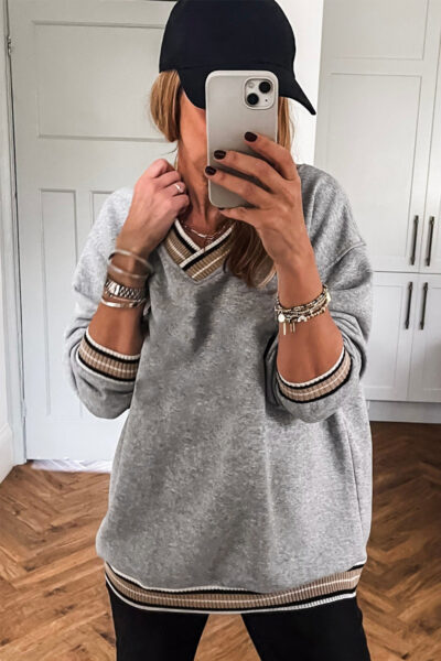 Gray Varsity Contrast Striped Trim V Neck Sweatshirt