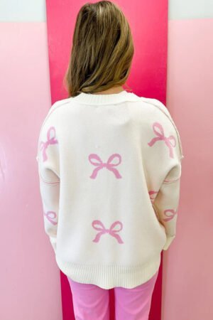 Pink Bow Print Ribbed Trim Exposed Seam Drop Shoulder Loose Sweater - Image 2