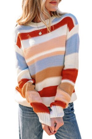 Pink Striped Colorblock Round Neck Drop Shoulder Sweater - Image 19