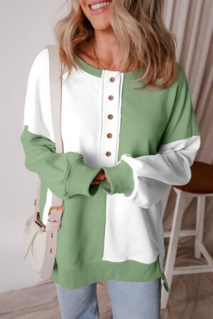 Grass Green Colorblock Henley High Low Oversize Sweatshirt - Image 3