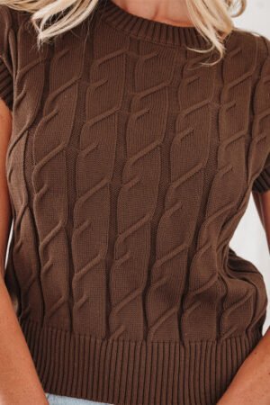 Dark Brown Cable Texture Crew Neck Short Sleeve Sweater Top - Image 17