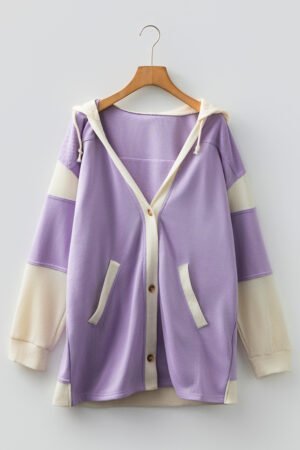 Orchid Petal Waffle Contrast Knit Color Block Patchwork Button Front Oversize Hoodie - Image 6