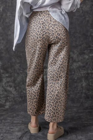 Khaki Leopard Printed Drawstring Elastic Waistband Pocketed Wide Leg Jeans - Image 7