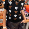 Black Short Puff Sleeve Bow Knot Plush Skeleton Halloween Sweater