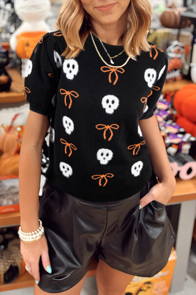 Black Short Puff Sleeve Bow Knot Plush Skeleton Halloween Sweater