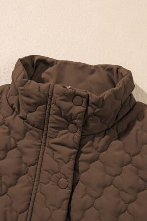 Dark Brown Flower Shape Quilted Snap Button Zip Up Winter Vest - Image 7