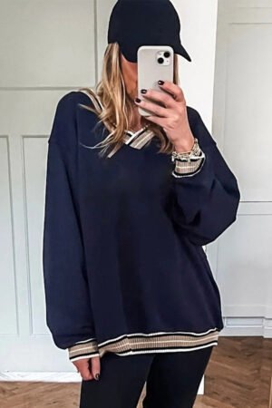 Navy Blue Varsity Contrast Striped Trim V Neck Sweatshirt - Image 4