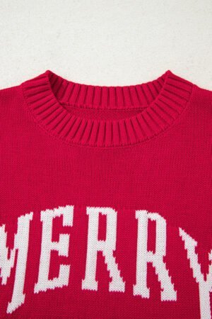Fiery Red MERRY Letter Pattern Christmas Holiday Baggy Sweater - Image 6