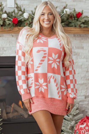Pink Candycane Snowflake Checker Christmas Holiday Drop Shoulder Tunic Loose Sweater - Image 10
