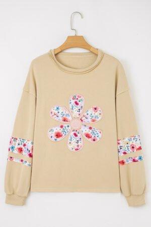 Pale Khaki Floral Applique Baggy Pullover Sweatshirt - Image 4