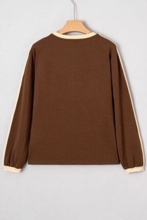 Dark Brown Varsity Striped Accent Contrast Crew Neck Long Sleeve T Shirt - Image 6