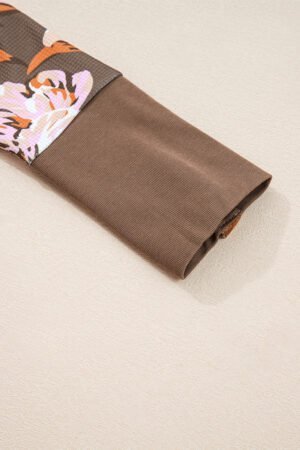 Brown Floral Print Waffle Textured Long Sleeve Top - Image 8