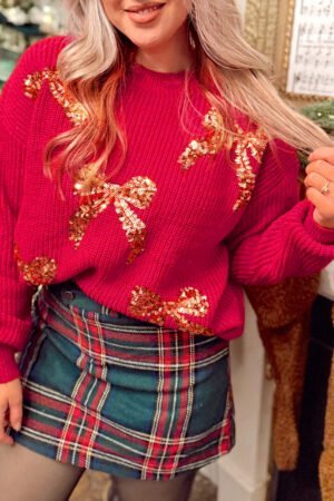 Fiery Red Sequin Bow Accent Drop Shoulder Festive Sweater - Image 4