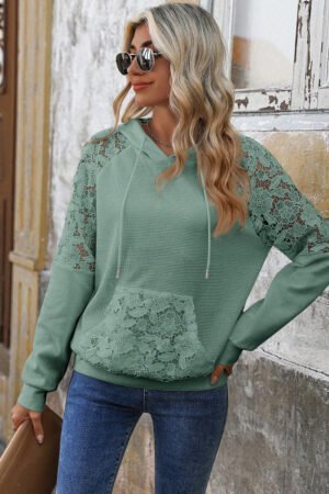 Smoke Green Lace Patchwork Raglan Sleeve Kangaroo Pocket Waffle Hoodie - Image 6