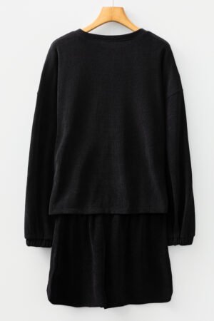 Black Solid Color Textured Knit Drop Shoulder Pullover Drawstring Shorts Set - Image 5