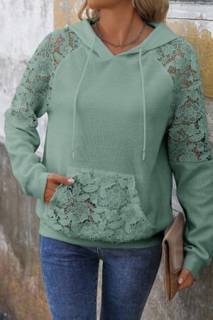 Smoke Green Lace Patchwork Raglan Sleeve Kangaroo Pocket Waffle Hoodie - Image 5