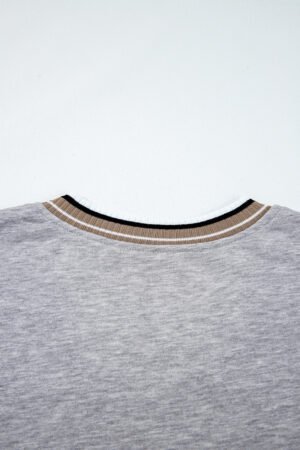 Gray Varsity Contrast Striped Trim V Neck Sweatshirt - Image 8