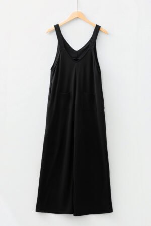 Black Solid Color Raw Seam Big Flower Patched Loose Overall Jumpsuit - Image 5