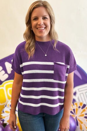 Purple Stripe Raw Edge Patched Pocket Short Sleeve Knit Sweater - Image 4
