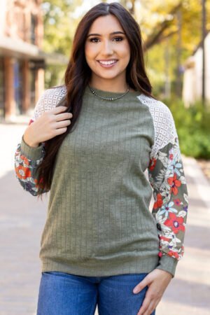 Laurel Green Floral Patchwork Long Sleeve Ribbed Blouse - Image 4