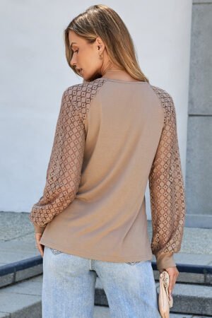 Parchment Lace Patchwork Long Raglan Sleeve Pleated Top - Image 2