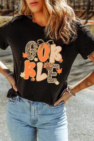 Black GOBBLE Leopard Letter Print Turkey Bow Graphic T Shirt - Image 7