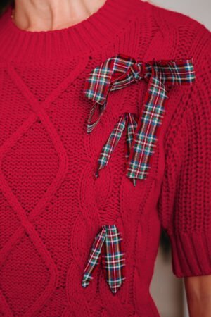 Alternative view of Fiery Red Plaid Lace up Detail Christmas Holiday Puff Short Sleeve Sweater