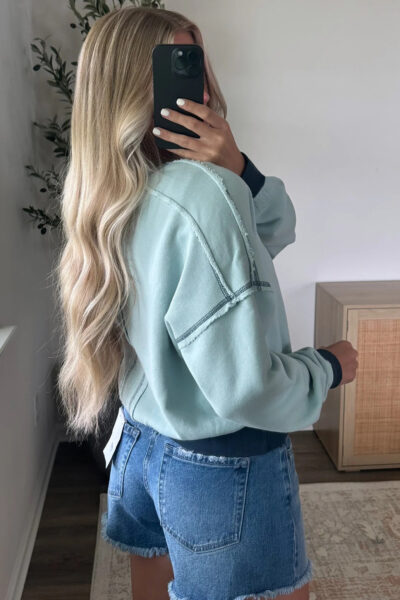 Iceland Blue Contrast Edge Colorblock Patchwork Crop Sweatshirt