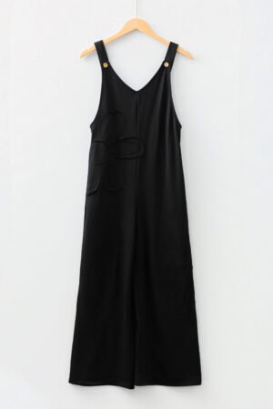 Black Solid Color Raw Seam Big Flower Patched Loose Overall Jumpsuit - Image 4