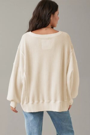 White Waffle knit Bishop Sleeve Split Oversized Top - Image 2