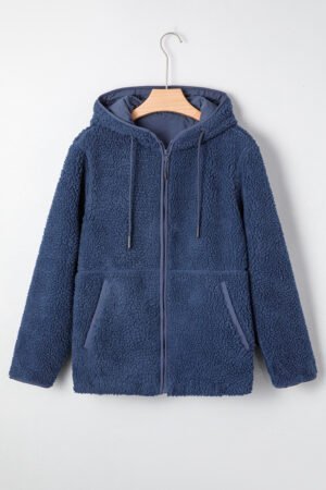 Navy Blue Fleece Zip Up Drawstring Hooded Pocketed Jacket - Image 9