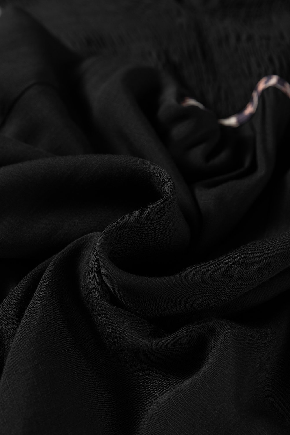 Black Collared V Neck Smocked Detail Contrast Leopard Trim Bracelet Sleeve Long Dress Black Collared V Neck Smocked Detail Contrast Leopard Trim Bracelet Sleeve Long Dress