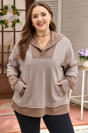 Goat Waffle Contrast Patchwork Plus Size Pocketed Hoodie