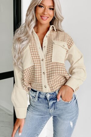 Parchment Houndstooth Corduroy Patchwork Flap Pocket Shacket - Image 7
