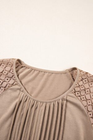 Parchment Lace Patchwork Long Raglan Sleeve Pleated Top - Image 7