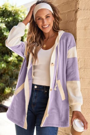 Orchid Petal Waffle Contrast Knit Color Block Patchwork Button Front Oversize Hoodie - Image 5