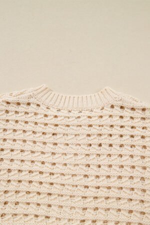 Beige Hollowed Pattern Knit Zip Up Drop Shoulder Sweater Cardigan - Image 8