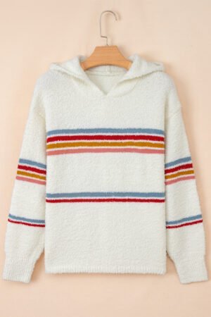 White Multicolored Striped Accent Hooded Popcorn Sweater - Image 4