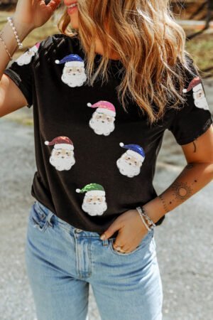 Black Sequin Patched Father Christmas Graphic T Shirt - Image 3