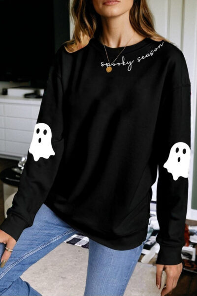 Black Spooky Season Halloween Ghost Printed Drop Shoulder Sweatshirt