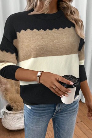 Black Colorblock Crew Neck Drop Shoulder Sweater - Image 3