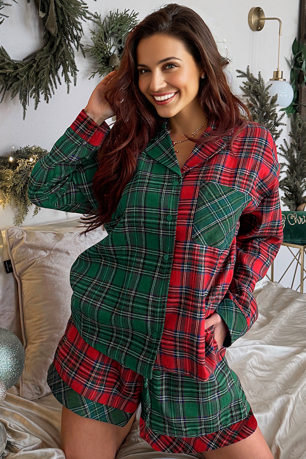 Red Plaid Contrast Patched Christmas Holiday Long Sleeve Shirt and Short 2pcs Pajama Set Red Plaid Contrast Patched Christmas Holiday Long Sleeve Shirt and Short 2pcs Pajama Set