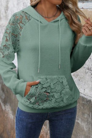 Smoke Green Lace Patchwork Raglan Sleeve Kangaroo Pocket Waffle Hoodie - Image 3