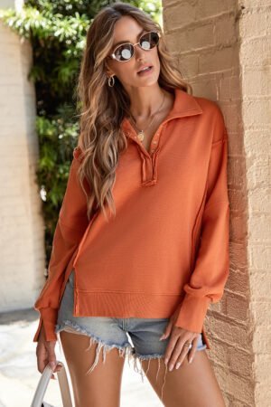 Orange Buttoned Collared Raw Detail High Low Baggy Sweatshirt with Slits - Image 2