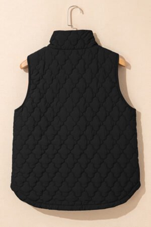 Black Flower Shape Quilted Snap Button Zip Up Winter Vest - Image 6